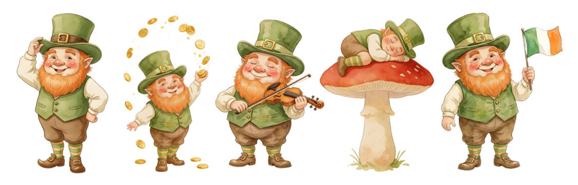 Set of cute leprechauns for St Patrick's Day. Irish folklore character with violin, gold coins, flag. Funny gnome cartoon illustration for holiday design and greeting card