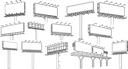 Set of outdoor billboard mockup vector illustrations featuring various advertising hoardings city signage structures and blank highway displays in clean line art. © MDFiroj