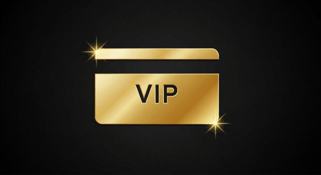 A gold VIP card with shiny surface and sparkles on a black background viewed from directly above