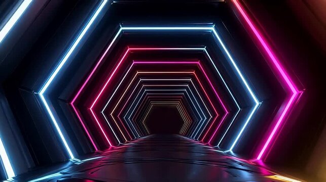 neon light tunnel with hexagonal shapes