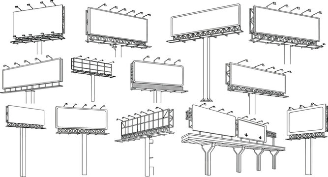 Set of outdoor billboard mockup vector illustrations featuring various advertising hoardings city signage structures and blank highway displays in clean line art.