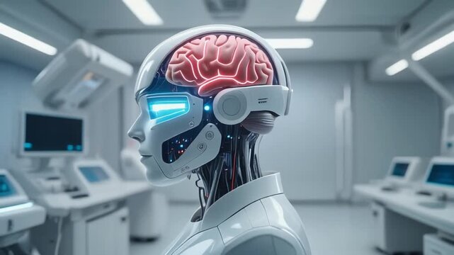 Minimalist futuristic BCI device connecting brain to digital system. Brain-computer interface in clean white laboratory, neural link technology and cybernetic medical research.