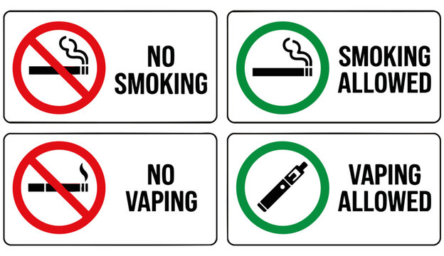 Smoking and vaping signs icon set. No smoking and smoking allowed signs with cigarette and e cigarette symbols. Prohibition and permission signs for public places. Tobacco and vaping rules