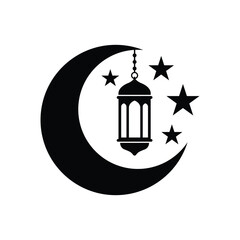 Islamic crescent moon with hanging Arabic lantern and stars in minimalist black silhouette style on light background. Elegant Ramadan or Eid Mubarak festive symbol ideal for greeting cards and decorat