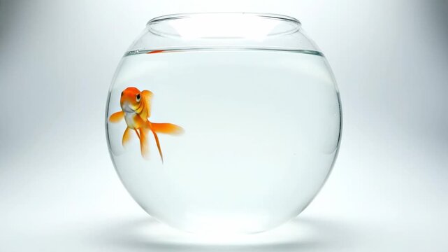 Orange goldfish swims gracefully in a round glass fishbowl filled with clear water, showcasing vibrant colors against a soft white background
