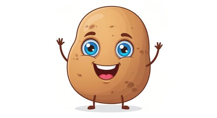 Obraz premium Happy Smiling Potato Character with Waving Hands on Plain White Background, Cute Vegetable Cartoon
