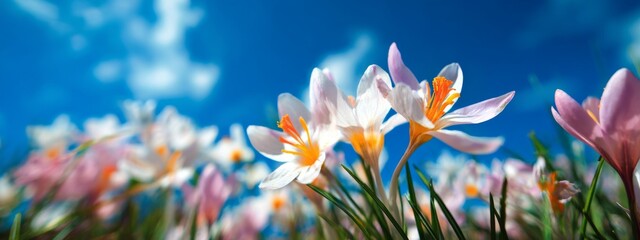 Fototapeta premium Vibrant Flowers Blooming Under a Bright Blue Sky with Fluffy Clouds and Sunlight Shining