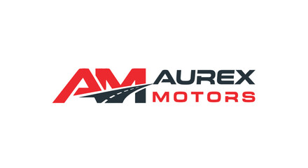 Fototapeta premium Aurex Motors Letter AM Logo Design with Stylized Road and Speed Lines on Isolated White Background
