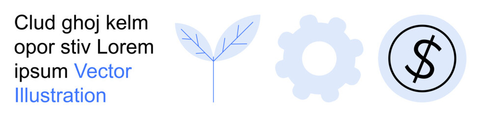 Obraz premium Sustainability, economic growth, innovation, technology, financial systems, eco-efficiency. A minimalistic leaf, gear and dollar symbol in blue tones. Sustainability and economic growth concept