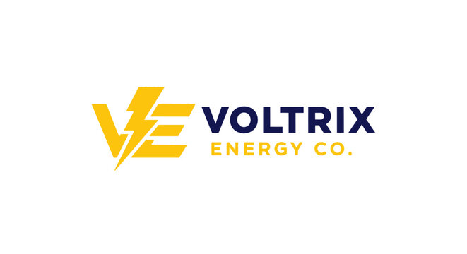 Voltrix Energy Co. brand logo featuring a stylized V letter combined with a lightning bolt icon, representing electrical power and dynamic energy on an isolated white background.