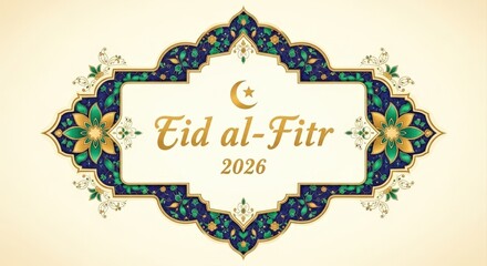 Eid al-fitr 2026 ornate golden green frame design. traditional islamic celebration greeting with crescent star