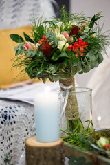 Fresh Natural Floral Bouquet In Rustic Glass Vase Arrangement
