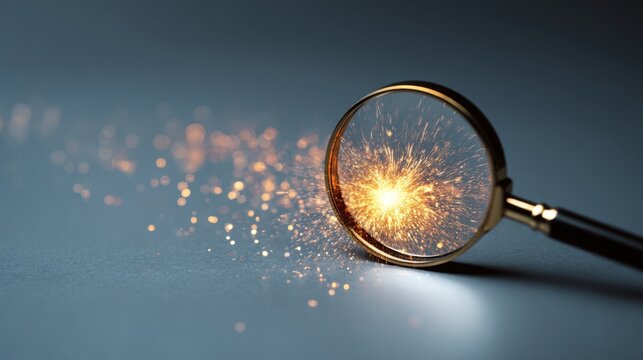 Magnifying glass focusing on a bright, sparky point