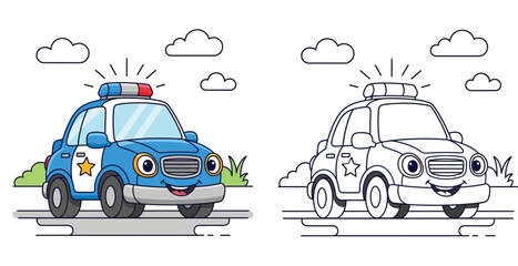 Cute cartoon police car character coloring page illustration. Vector black and white outline and colorful version for kids preschool activities. © SHOHAG