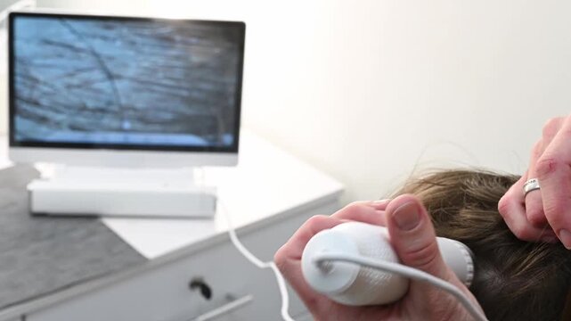 closeup scalp examination using  trichoscope reveals alopecia, dandruff and seborrhea. Specialist analyzes hair structure on monitor. Professional approach to hair diagnostics. Hair loss oily scalp