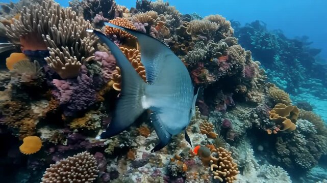 Graceful batfish swimming among vibrant coral reef ecosystem underwater tropical ocean life scenery