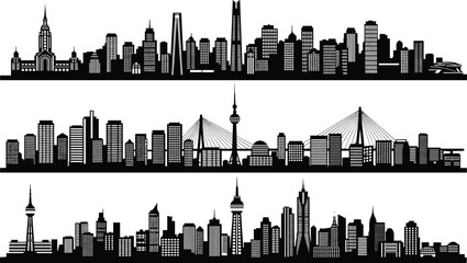 Obraz premium Detailed black vector silhouette collection of various city skylines featuring modern skyscrapers urban buildings and cable bridges isolated on a white background.
