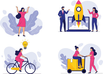 Business Woman Character Set with Startup Rocket Launch Success Idea Generation Creative Thinking Delivery Service and Professional Office Achievement Concept Illustrations