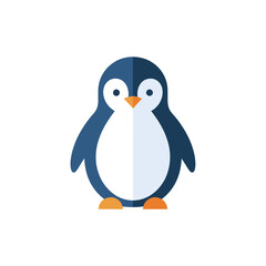 Fototapeta premium Cute flat design illustration of a cartoon penguin standing on a white background, featuring blue, white, and orange colors in a minimalist style.