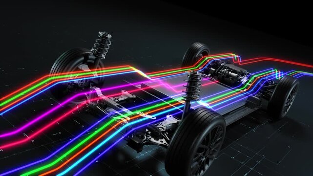 Animated data streams flowing through electric car chassis.