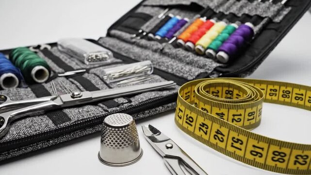 A close-up view of a sewing kit including spools of colorful thread and various sewing tools