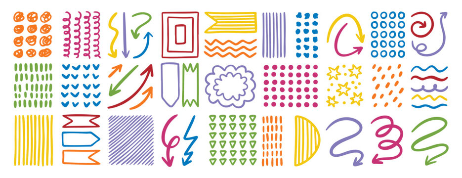 Colorful doodle design elements set, arrows, dots, lines and textures for creative 