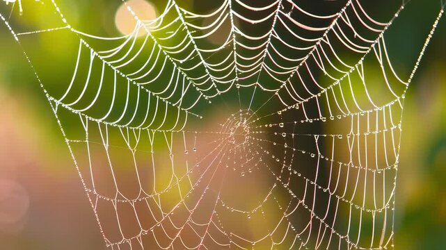 Spider web with dew drops glistening in the morning sun. Macro close-up of a cobweb in nature. Abstract background