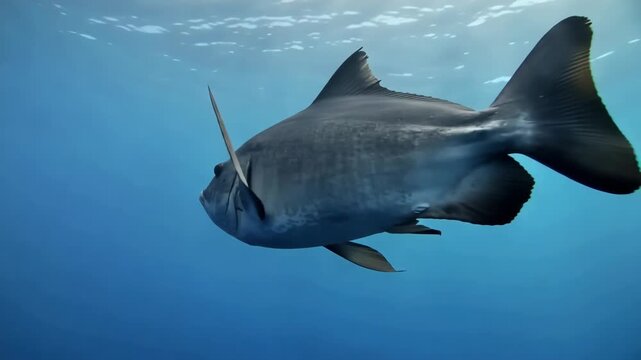 Majestic opah fish swimming gracefully through tropical blue ocean waters,showing beautiful fins and scales