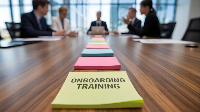 Onboarding Training Notes in Meeting Room, Corporate Employee Orientation Concept, Business Development and HR Strategy