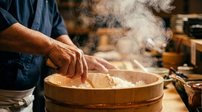 Close-Up of Master Sushi Chef Mixing Steaming Rice in Wooden Hangiri Tub