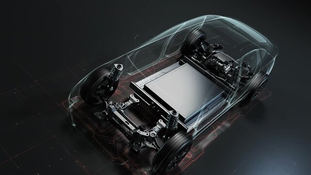 X-ray view of electric car body and chassis.