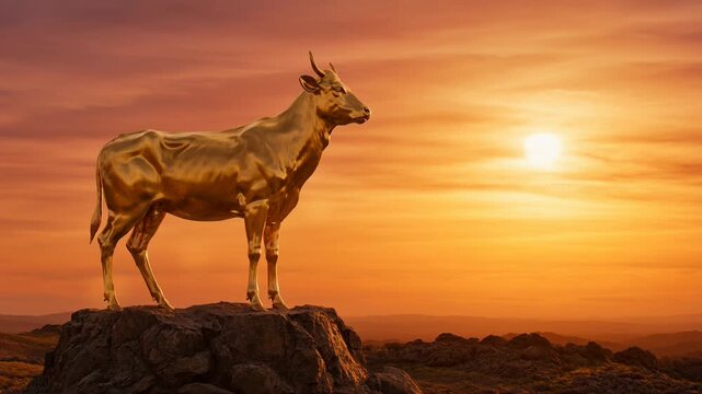 Gleaming Golden Calf Statue Stands Resplendent on Rocky Peak, Bathed in Dramatic Sunset Light