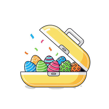 Open yellow presentation case revealing various decorated Easter eggs with confetti, concept of product launch and successful reveal