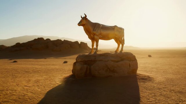 Radiant Golden Bull Idol Stands on Desert Rock, Sun-Kissed Vast Landscape, Cinematic Orbit