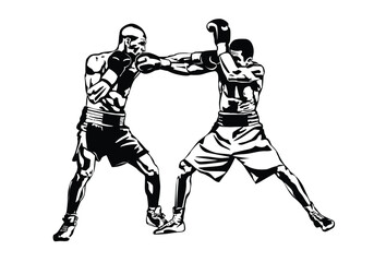 Fototapeta premium Boxing Match Vector Illustration – Two Boxers Sparring, Black and White Sports Silhouette