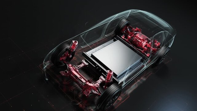 Futuristic electric car chassis with battery and glowing body outline.