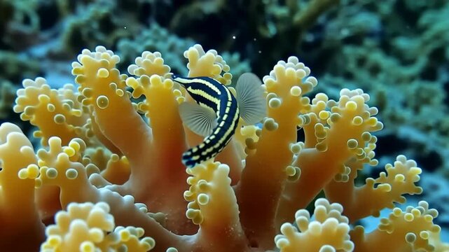 Ornate ghost pipefish swimming amidst vibrant coral reef ecosystem in underwater environment with natural light