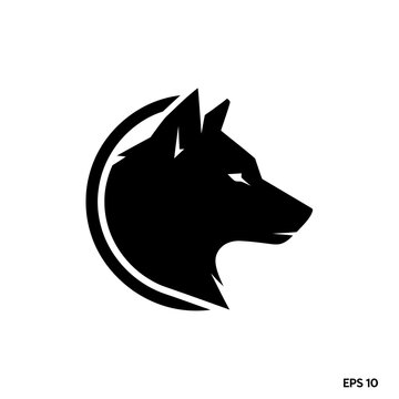 Bold black wolf head logo emblem inside a circular design for branding.