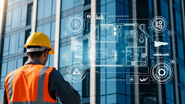 Architectural Blueprint: A dedicated construction professional, clad in safety gear, observes a high-rise building, complemented by an augmented reality interface overlay.