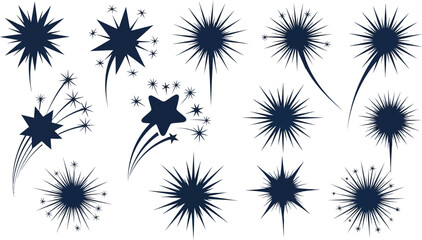 Magic star silhouette icons with shooting tails and comic explosion © Charutha