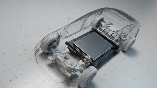 White electric car chassis showing internal battery and suspension structure.