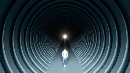 Fototapeta premium Man walking through a long ribbed tunnel toward a bright light representing singular focus and reaching a future goal, 3d render