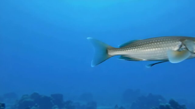 Silver tarpon swimming underwater in blue ocean tropical fish wildlife marine life animal aquatic