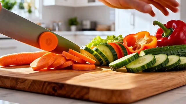 Slicing vegetables on cutting board