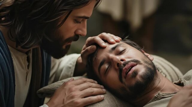 Jesus Christ, a man with a beard, touching eyes of another man. Biblical scene of divine healing for religious and spiritual concept.	