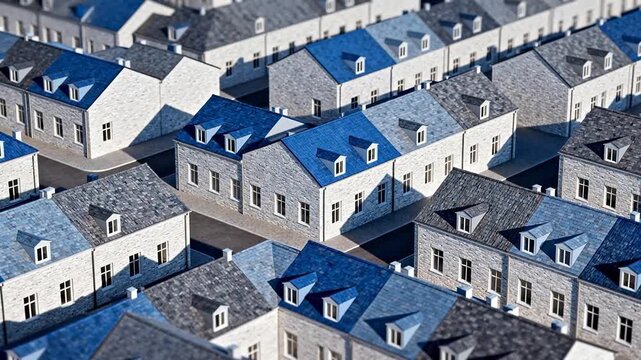 Rows of uniform houses with blue roofs