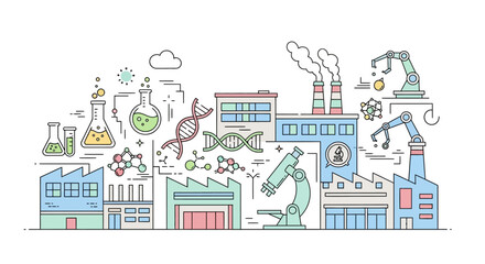 Industrial Factory Buildings with Equipment and Machinery.