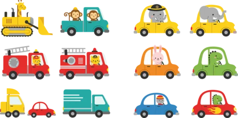 Fotobehang Auto Cute cartoon animal driving cars and construction vehicles collection kids transportation vector illustration set bundle  © Jannatun