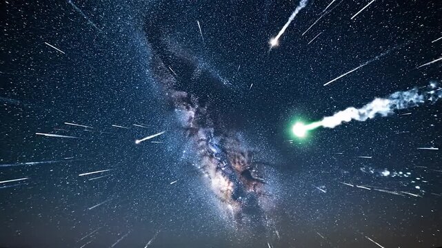 A dynamic view of the starry night sky with the Milky Way and streaking lights.