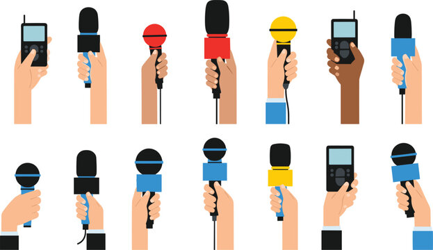 Hand holding microphone and voice recorder collection journalist interview press media vector illustration isolated set bundle